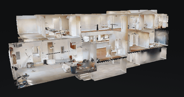 3d model of a two-story house interior layout, showing kitchens, bathrooms, and living areas, with transparent walls for visibility.